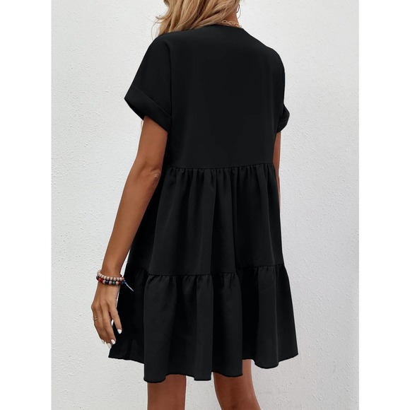 Roll Cuff short sleeve Ruffle Hem mini Dress black - Picture 2 of 11